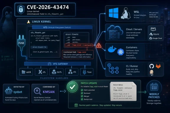 Infographic showing a Linux kernel security vulnerability (CVE-2026-43474) in VFS/fileattr_get, with patch workflow.