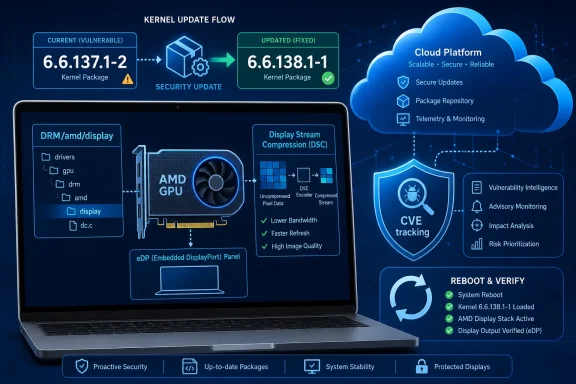 Tech diagram showing a secure kernel update flow, eDP display stream compression, and cloud vulnerability protection.