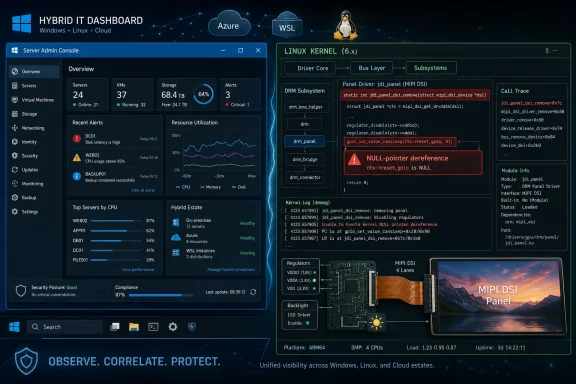 Hybrid IT dashboard showing Linux kernel diagnostics, logs, and alerts in an Azure/Wsl-themed UI.
