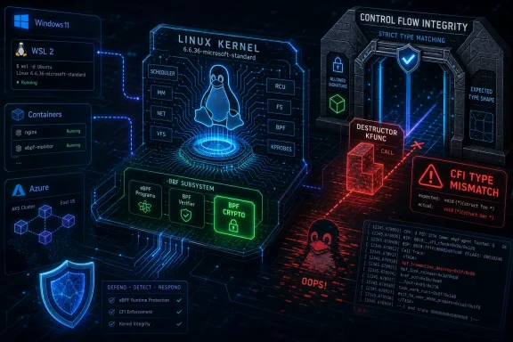 Futuristic cybersecurity infographic showing Linux kernel, eBPF protection, and CFI type mismatch errors.