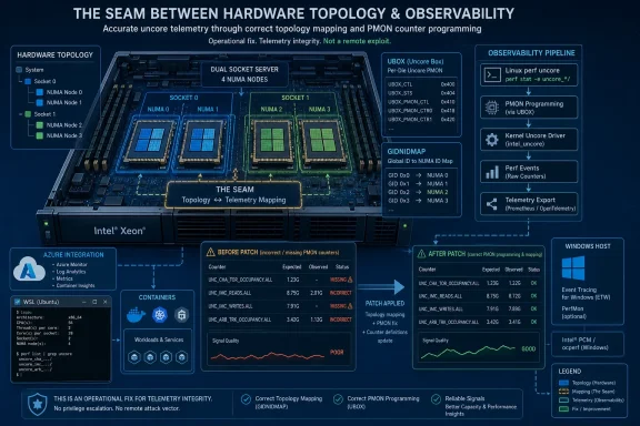 Diagram of Intel Xeon hardware topology/observability “SEAM” mapping and PMON telemetry fix before/after patch.
