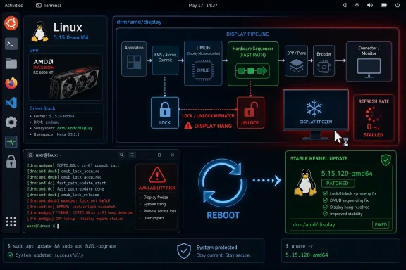 Linux DRM/AMD display pipeline diagram showing a display hang issue and a reboot with stable kernel update.
