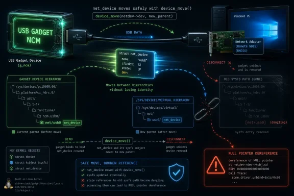 Diagram shows safe USB gadget device move via Linux net_device/device_move() to avoid dangling references.