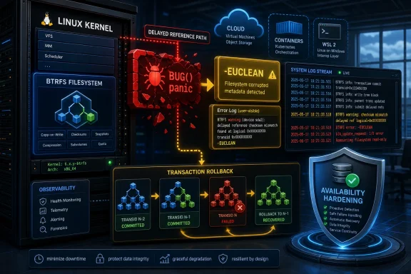Diagram of Linux kernel storage with BTRFS “BUG” panic, EUCLÈAN warning, transaction rollback, and system log streaming.