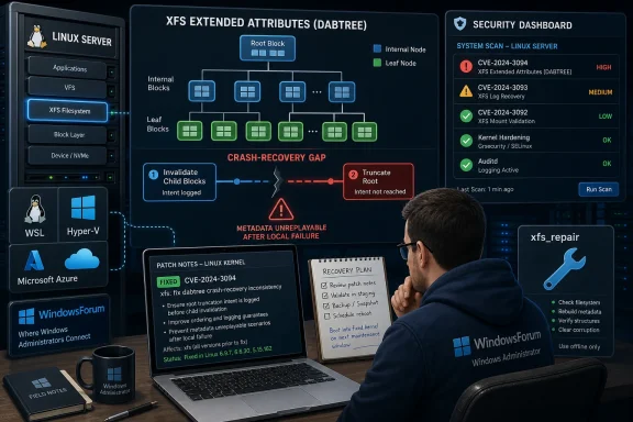 Linux security dashboard shows XFS DABTREE crash-recovery and repair plan with CVE alerts.