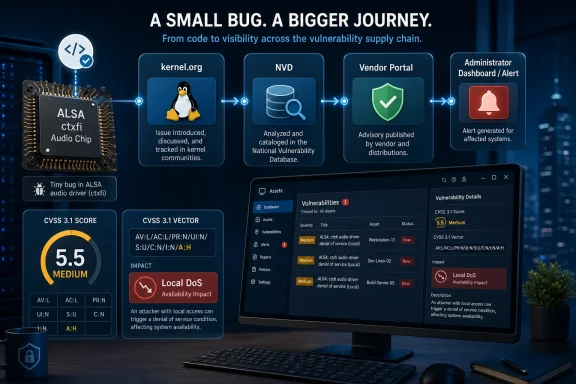 Cybersecurity infographic shows a small bug’s journey from kernel issue to vendor alerts and a CVSS score dashboard.