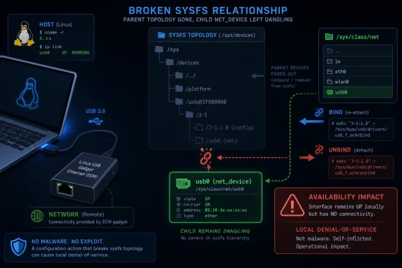 Infographic shows a broken SYSFS USB net relationship with dangling child device and no connectivity (local DoS risk).