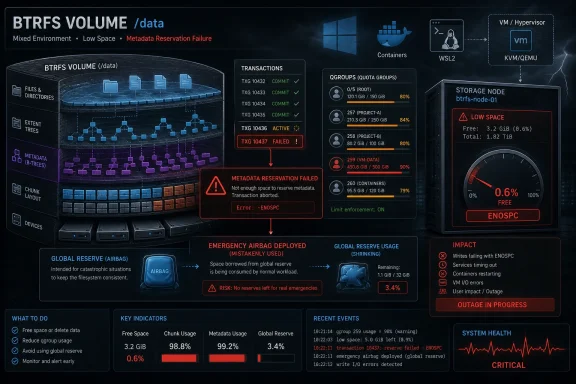 Infographic showing BTRFS VM/data failure: metadata reservation failed (ENOSPC) with low space and emergency airbag.