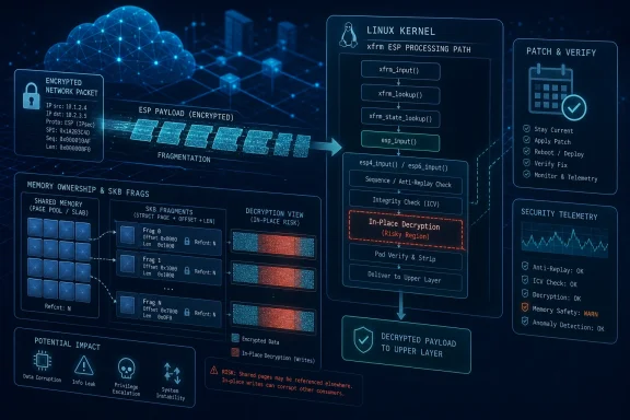 Schematic of Linux kernel ESP packet encryption/decryption flow with memory safety, verification, and telemetry panels.