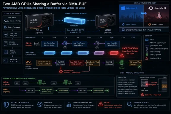 Diagram showing two AMD GPUs sharing a DMA-BUF buffer with synchronization and a DMA race-condition bug.