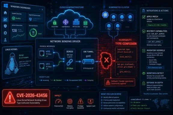 Cybersecurity dashboard illustrating Linux kernel network bonding type confusion vulnerability CVE-2026-43456.