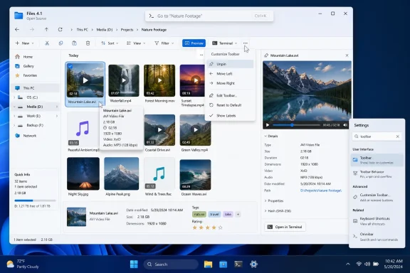 Windows File Explorer shows a “Nature Footage” folder with video thumbnails, preview pane, and toolbar settings.