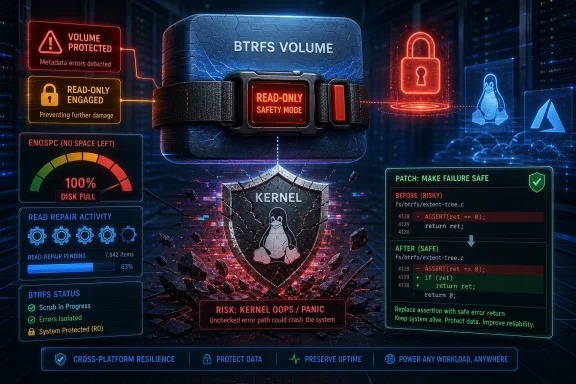 Digital dashboard shows a BTRFS volume in read-only safety mode protecting the kernel from a crash/panic.