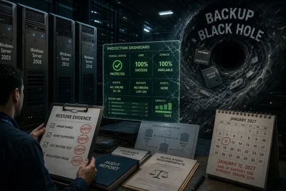 Server room scene with a security dashboard and backup tunnel labeled “BACKUP BLACK HOLE.”