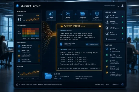 A futuristic Microsoft Purview dashboard shows locked plaintext evidence, risk metrics, roles, and an audit log.