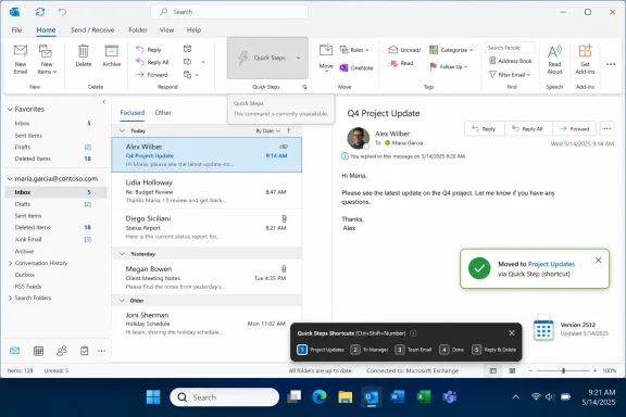 Microsoft Outlook email client open to “Q4 Project Update,” with a Quick Steps notification for moving messages.