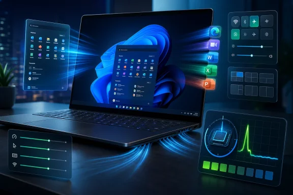 Glowing laptop with Windows logo surrounded by floating app icons, analytics charts, and network UI.