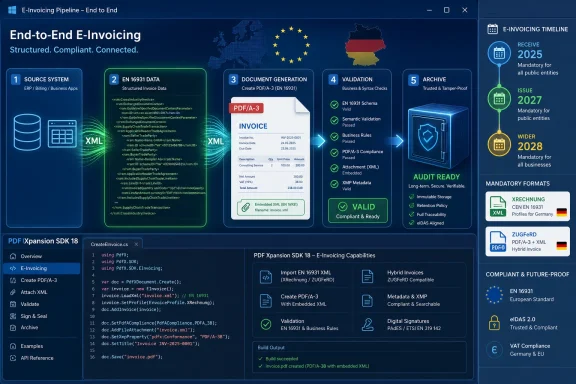 End-to-end EU e-invoicing timeline infographic showing EN 16931 XML to validated, archived PDF/A-3.
