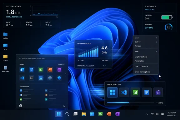 Blue Windows-style desktop dashboard showing system latency, CPU frequency, power mode, and app launching.