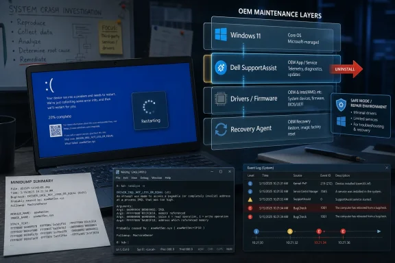 Laptop shows a Windows crash screen with an OEM maintenance flowchart, driver/Firmware steps, and system event logs.
