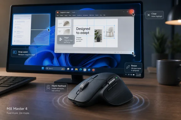 Workspace desk showing a Windows-style presentation editor on a monitor with a haptic mouse in the foreground.