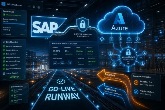 Glowing Azure/SAP cloud security dashboard with health checks, encrypted connection, and go-live status.