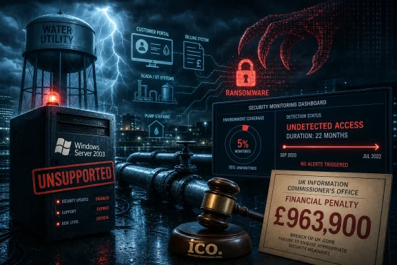 Water utility network under ransomware attack with security alerts, locked systems, and an ICO penalty notice.