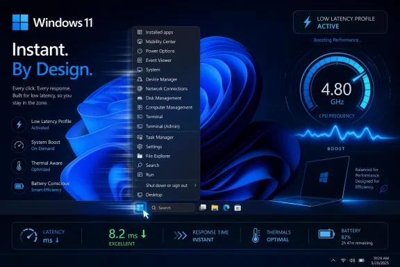 Windows 11 gaming performance dashboard with a popup menu and CPU frequency boost on a blue holographic desktop.