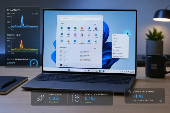 Laptop screen shows Windows app menu with performance overlays like CPU activity, launch speed, and low-latency burst.