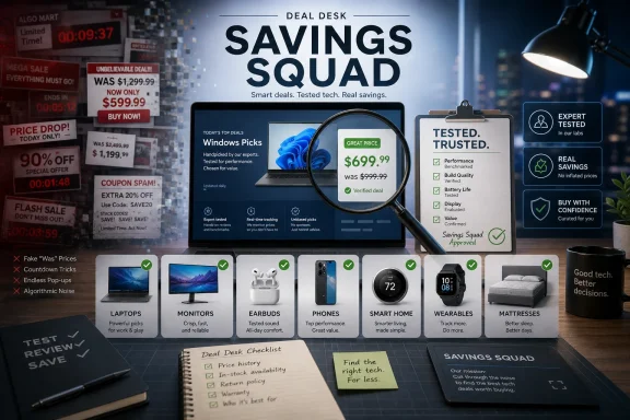 Promotional “Savings Squad” deal desk scene with discounts, verified tech, and product category cards under a magnifying glass.