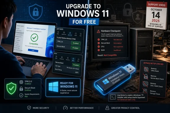 Man checks compatibility screens showing upgrade to Windows 11 for free, with TPM/Secure Boot status and support date.