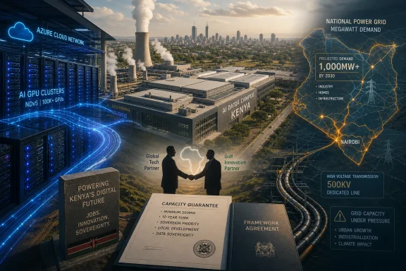 Futuristic Nairobi data center with power lines, AI servers, and skyline growth projection graphics.