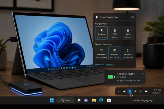 A Surface laptop sits on a desk with a charging tray UI showing adaptive charging status.