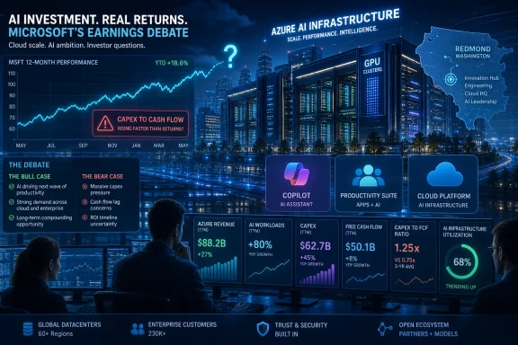 Futuristic Azure AI datacenter dashboard contrasts Microsoft earnings growth with a capex-to-cash-flow debate.