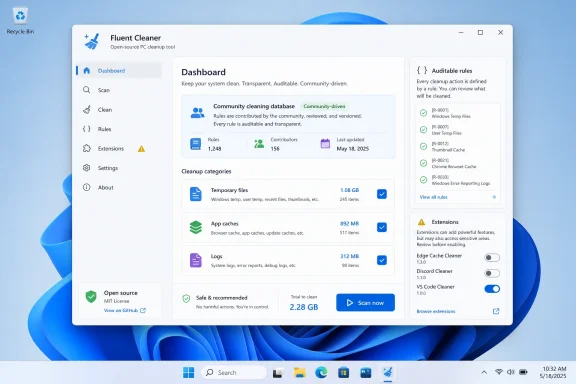 Fluent Cleaner dashboard open on Windows, showing system cleanup categories, rules, and scan options.