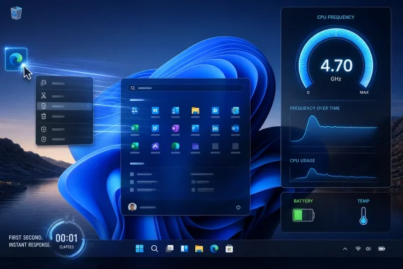Futuristic Windows-style desktop shows CPU frequency, usage charts, battery and temperature widgets on a blue background.