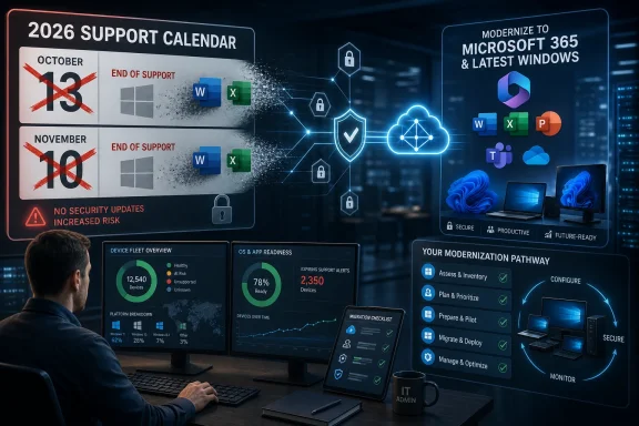 IT admin reviews a 2026 support calendar showing October/November end-of-support and a Microsoft 365 modernization plan.