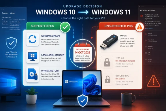 Infographic showing Windows 10 upgrade to Windows 11, marking supported vs unsupported PCs with TPM 2.0 issues.
