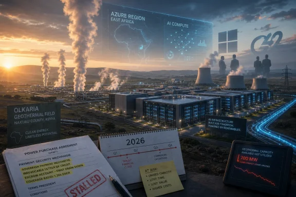 Futuristic geothermal power plant at sunset with data overlays about Azure East Africa and 2026 forecasts.
