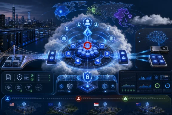 Futuristic cybersecurity control hub with world map, cloud network icons, and data dashboards at night.