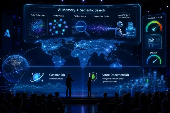 Futuristic tech conference slide shows AI memory and semantic search with global map, metrics, and database options.