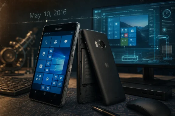 Two Microsoft Windows phones sit on a desk beside a holographic tech display, dated May 10, 2016.