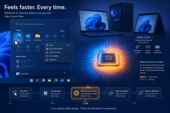 Windows 11 promotional image showing reduced latency, CPU performance boost, and responsive actions in a blue tech scene.