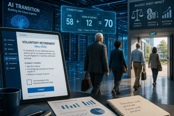 HR portal on a tablet shows “Voluntary Retirement (May 2026)” as employees walk through an AI-themed office.