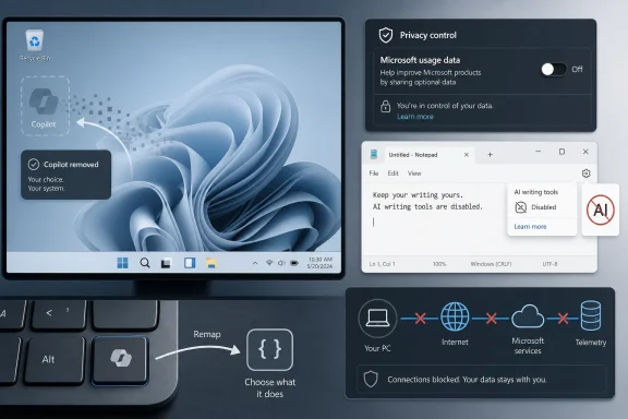 Microsoft privacy control and blocked telemetry settings shown on a Windows-style desktop interface.