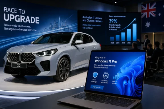 BMW on display with a promotional screen for upgrading to Windows 11 Pro and a business growth presentation backdrop.
