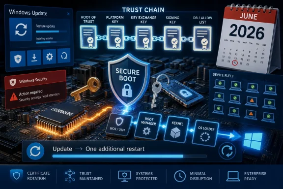Secure boot and trust chain update dashboard over a computer motherboard, showing June 2026 and pending restart.