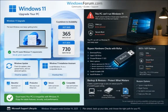 Windows 11 upgrade guide showing TPM/Secure Boot requirements and a “can’t run Windows 11” warning.