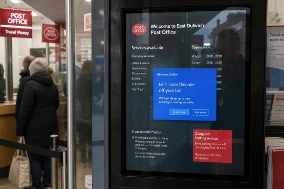 Digital sign inside a post office showing East Dulwich services and a Windows update message.