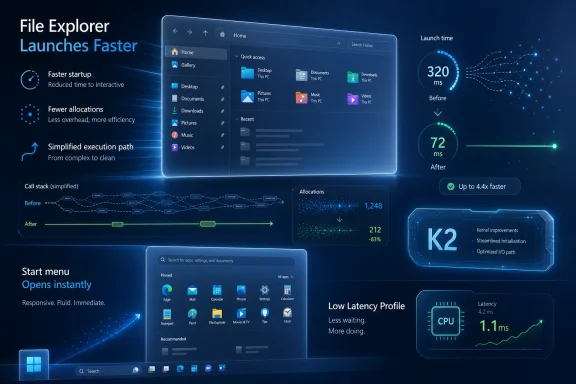 Futuristic UI graphic shows Windows File Explorer launching faster with reduced latency and times.